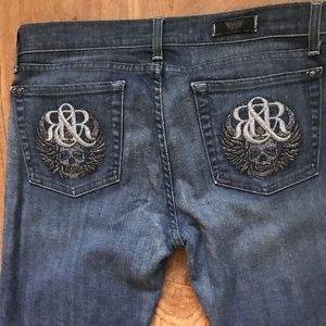 Rock Republic Size 31  Inseam 35”  Silver Skull Medium/Wings/RRR Tone  Like New
